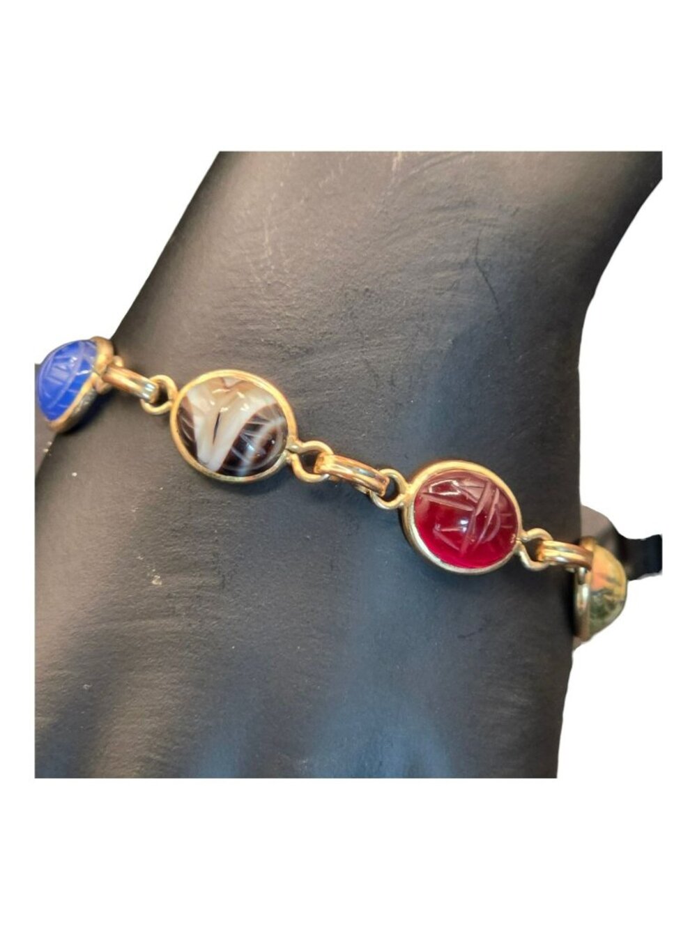 Ronci 12K Gold Filled Scarab Bracelet Genuine Gemstones 6.5" Length Egyptian